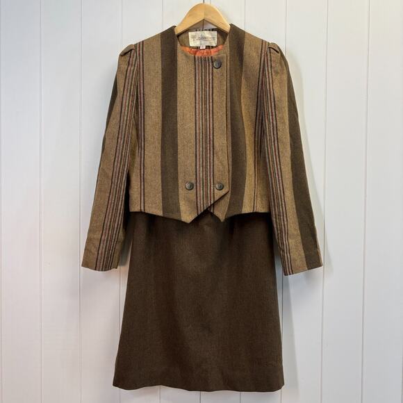 VTG John Meyer Womens Dk Academia Secretary Career Wool Skirt Suit Size 8 Brown - Picture 1 of 11